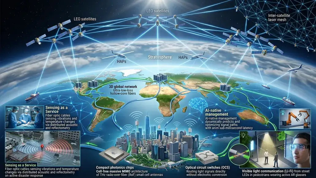 Global network of satellites and ground hubs connecting space to Earth for data and AI-driven management.