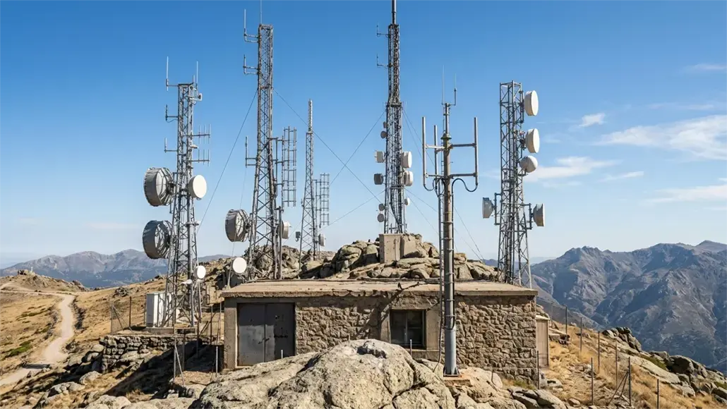 Communications equipment on a rocky mountaintop with multiple antenna towers and satellite dishes surrounding a stone hut against a blue sky.