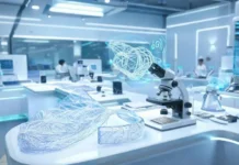 Silk Into Strong Plastic-Like Materials With 6G Potential Futuristic laboratory with a microscope and glowing holographic blue DNA-like structures floating above a lab bench.
