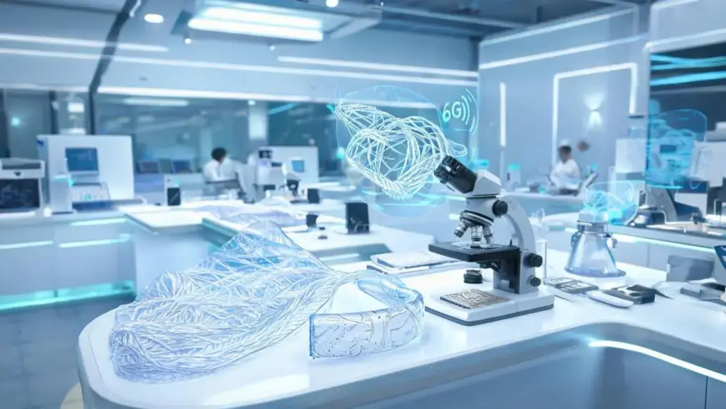 Futuristic laboratory with a microscope and glowing holographic blue DNA-like structures floating above a lab bench.