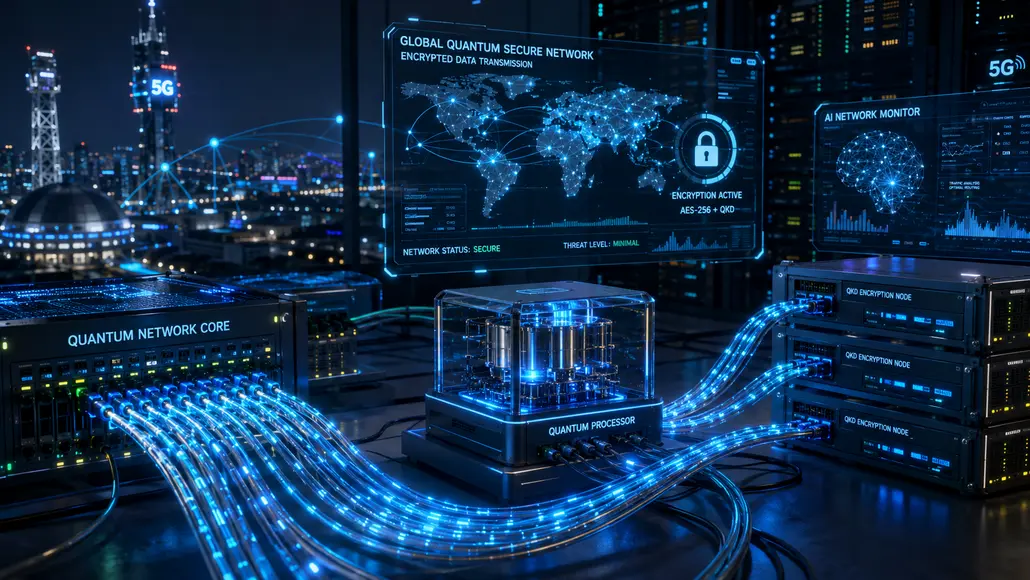 Blue-lit quantum data center with a central processor, glowing cables, and monitors showing a global secure network and encryption data image-focused context but concise.