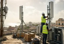 Equatorial Guinea to Bolster its Digital Infrastructure Two workers in high-visibility vests and hard hats install cellular antennas on a rooftop with a coastal city in the background.