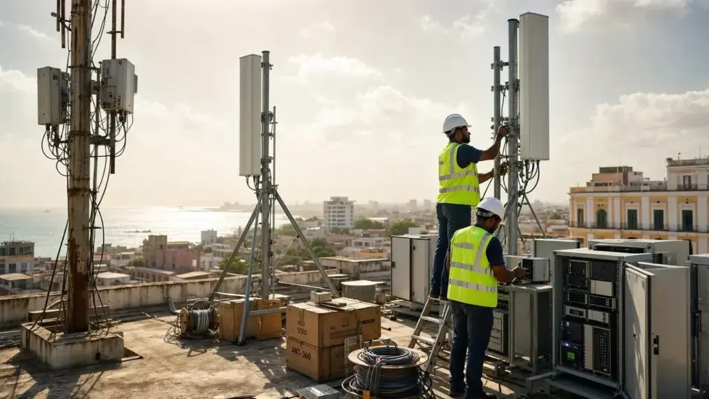 Two workers in high-visibility vests and hard hats install cellular antennas on a rooftop with a coastal city in the background.