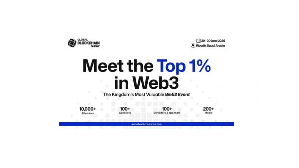 Banner for Global Blockchain Show announcing 'Meet the Top 1% in Web3' in Riyadh, Saudi Arabia, June 29–30, 2026; highlights include 10k+ attendees and 100+ speakers, exhibitors, and media.