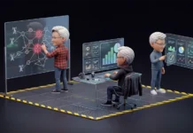 NVIDIA Unveils New Autonomous AI Agent Platform in Telecom Three researchers collaborate in a high-tech lab: one draws a network diagram on a glass board, another sits at a desk with dashboards, the third presents charts on a panel.