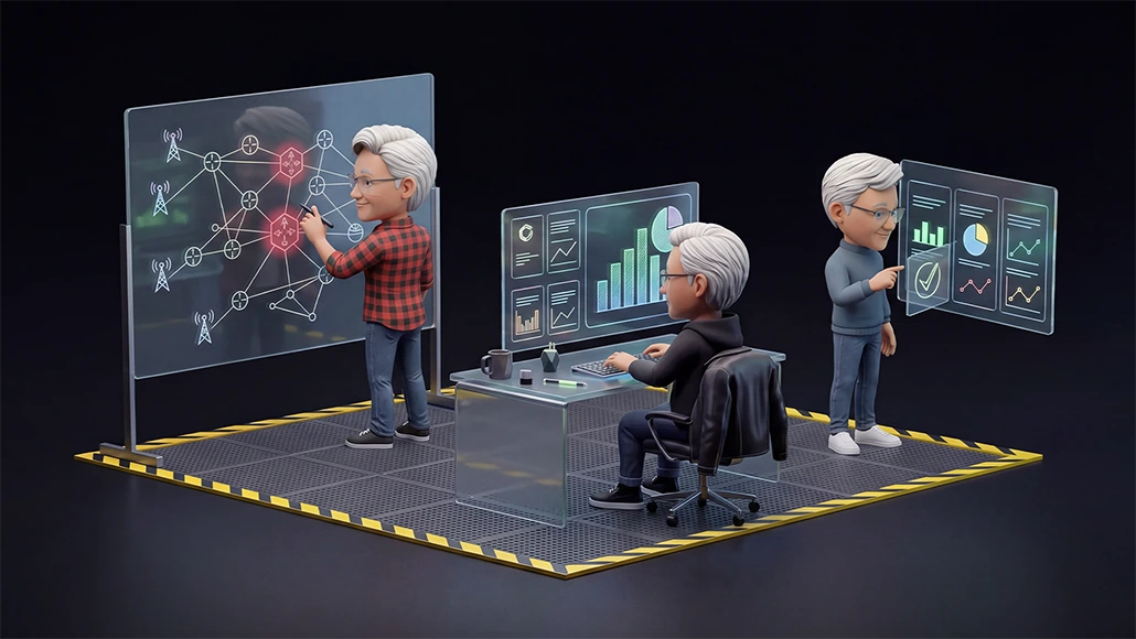 Three researchers collaborate in a high-tech lab: one draws a network diagram on a glass board, another sits at a desk with dashboards, the third presents charts on a panel.