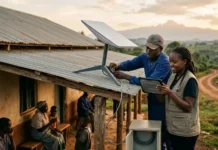 Starlink to Be Fully Licensed Telecom Operator in Africa Two technicians install a solar panel on a rural home's tin roof while villagers sit nearby.