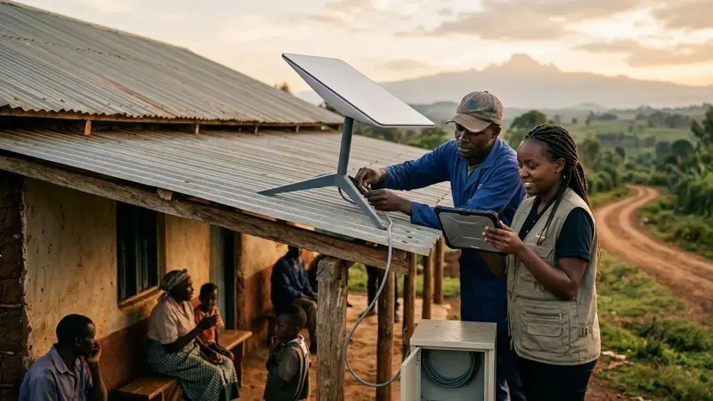 Two technicians install a solar panel on a rural home's tin roof while villagers sit nearby.