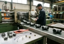 PVC injection molding: how one versatile plastic ends up everywhere Factory worker operates an extrusion machine in a metalworking shop; gray pipe fittings run along a conveyor nearby.