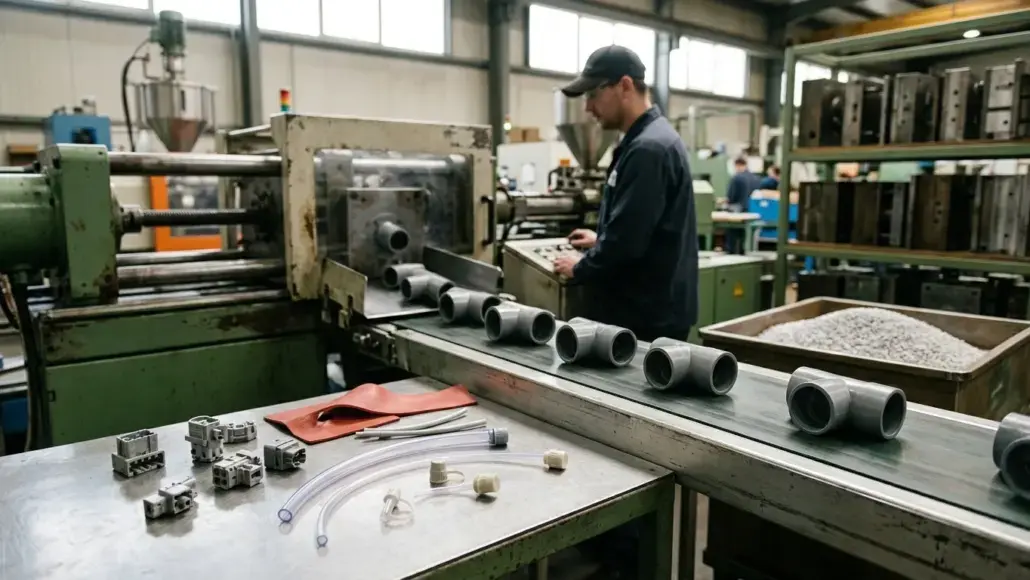 Factory worker operates an extrusion machine in a metalworking shop; gray pipe fittings run along a conveyor nearby.