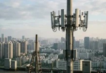 Roll Out of 5G-Advanced in China Paves Way for AI-Native 6G Cellular communication tower on a rooftop with a city skyline in the background.