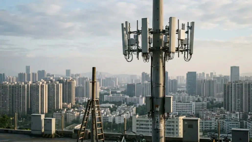 Cellular communication tower on a rooftop with a city skyline in the background.