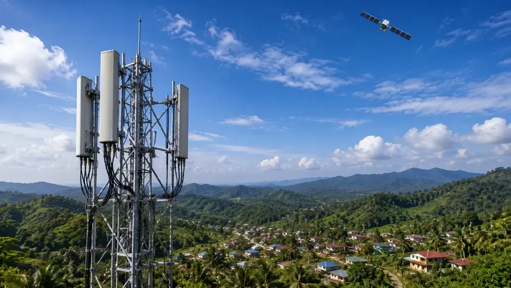 Telecommunications tower with multiple panel antennas on a hillside overlooking a valley with a small village beneath, under a blue sky with a satellite nearby.
