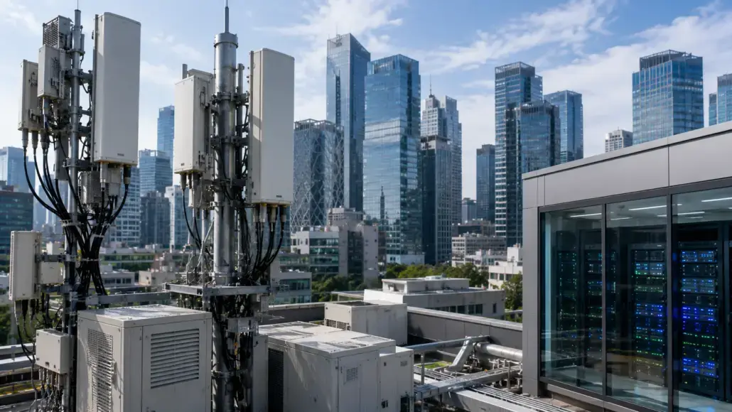 Rooftop with telecom antenna towers and cabinets, overlooking a downtown skyline of glass skyscrapers.