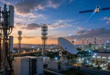 Telecom IoT Strategy Drives 5G, AI, Satellite and Smart Connectivity Telecommunications complex at sunset with a large satellite dish, cell towers, and a satellite in the sky emitting a beam to the ground.