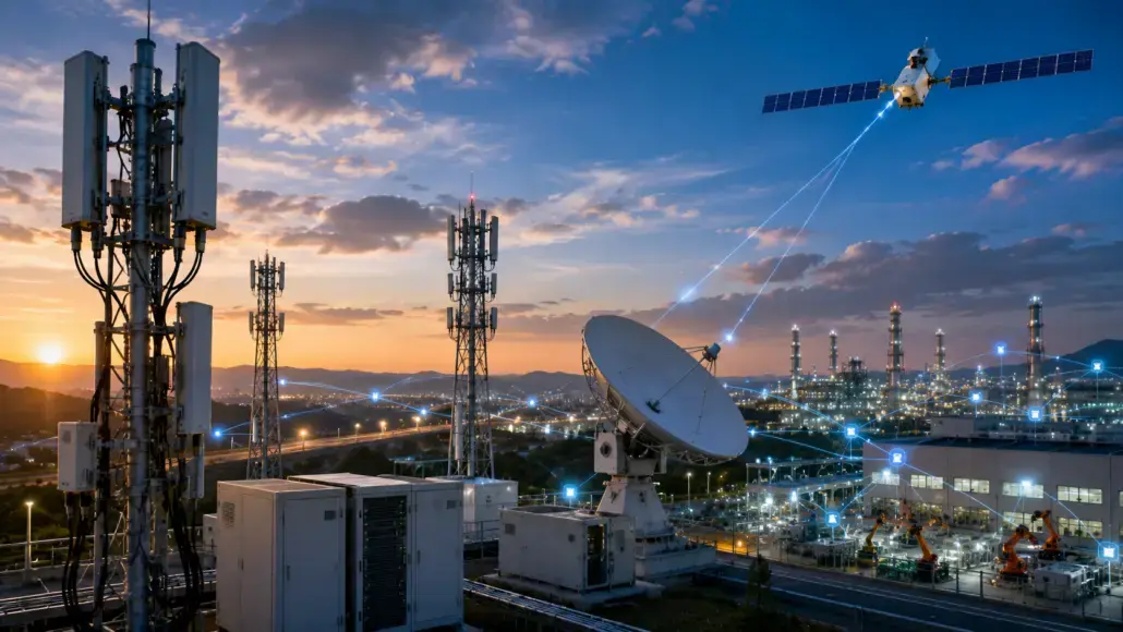 Telecommunications complex at sunset with a large satellite dish, cell towers, and a satellite in the sky emitting a beam to the ground.