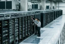 SK Telecom Eyes to Become AI Infrastructure Hub in Asia Three technicians inspecting server racks in a data center, monitoring equipment.