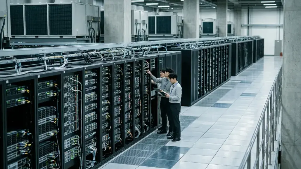 Three technicians inspecting server racks in a data center, monitoring equipment.