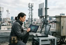 AI-Integrated 5G Network Digital Twin Solution Partnership Female technician on a rooftop using a tablet to monitor telecom equipment, with a laptop and network gear nearby and a city skyline behind her.