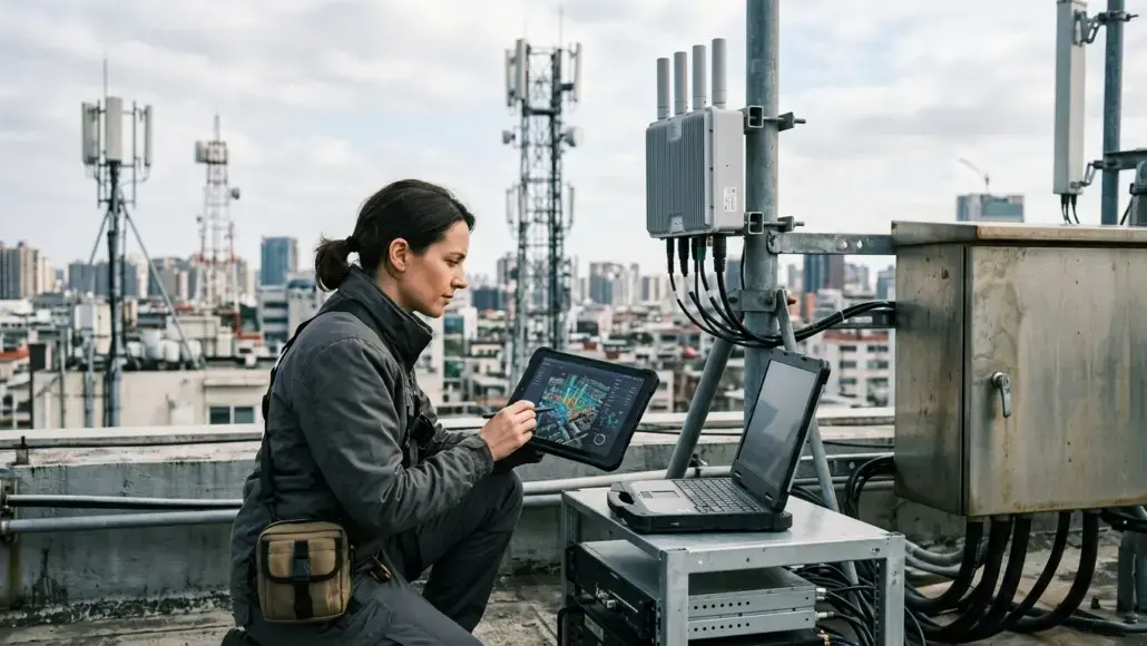 Female technician on a rooftop using a tablet to monitor telecom equipment, with a laptop and network gear nearby and a city skyline behind her.