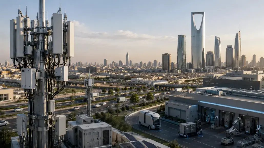 Telecom antenna tower on a rooftop with a city skyline and highways in the background as the sun sets on a modern business district.