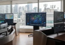 IoT Subscription Lines Grow For Telecommunications Company Control room with multiple large monitors displaying dashboards and network maps, overlooking a cityscape outside the windows.