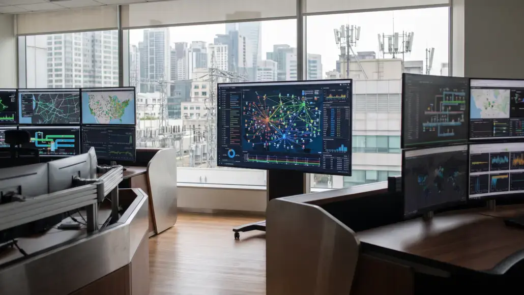 Control room with multiple large monitors displaying dashboards and network maps, overlooking a cityscape outside the windows.