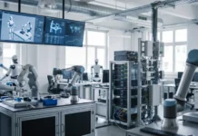 Robot Data Factory Proposal Advances ITU-T Standardization Industrial robotics lab with multiple robotic arms at workstations and monitors displaying robot models and data on a wall screen.