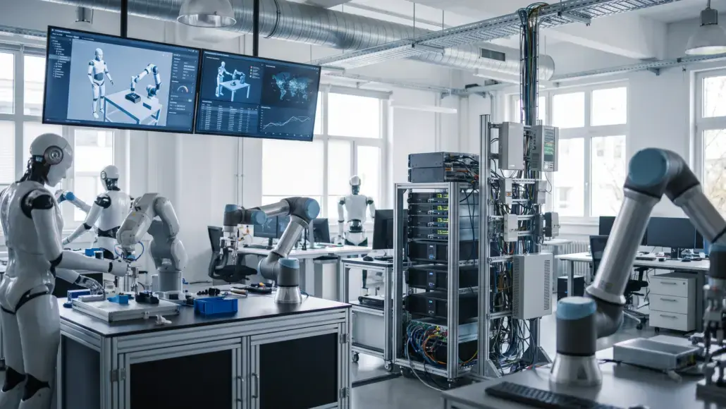 Industrial robotics lab with multiple robotic arms at workstations and monitors displaying robot models and data on a wall screen.