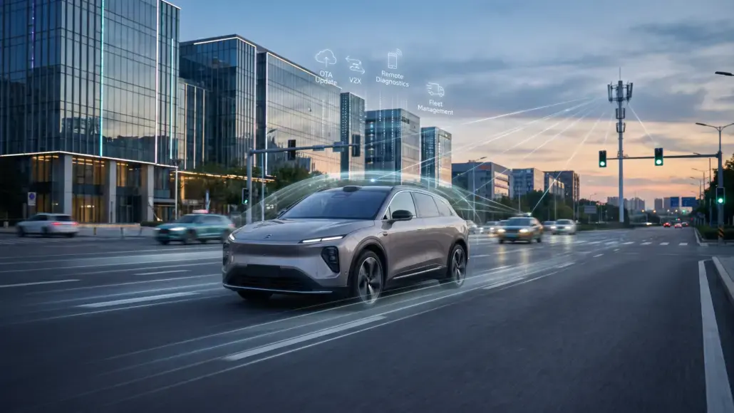 Autonomous silver SUV drives on a city street with holographic icons for OTA updates, V2X, and remote diagnostics.