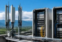 Ericsson Confirms 5G Standalone Contract with Costa Rica’s ICE Rooftop telecom equipment: two tall antenna masts beside open server racks with yellow and blue cables and a clear blue sky behind them