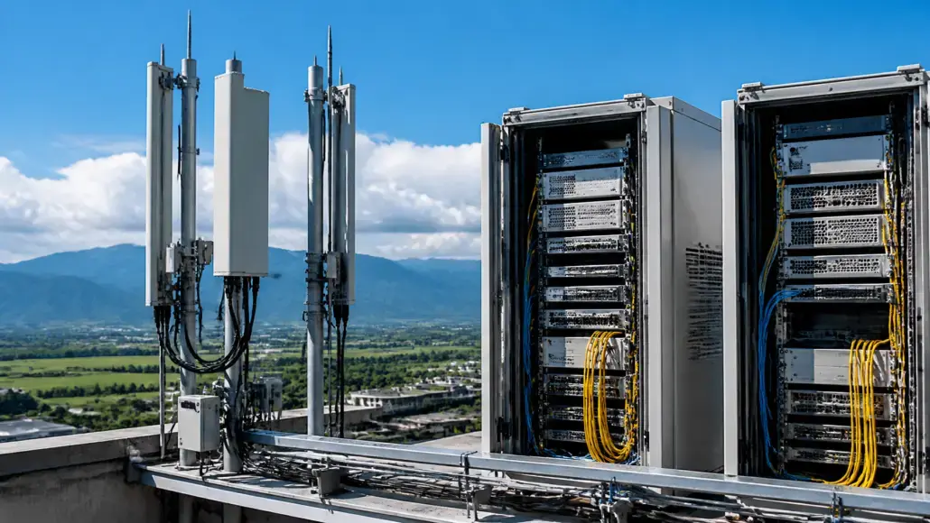 Rooftop telecom equipment: two tall antenna masts beside open server racks with yellow and blue cables and a clear blue sky behind them