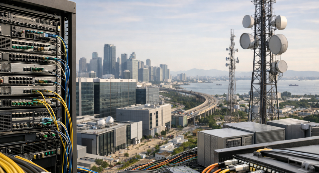 Server rack with multicolored network cables on a rooftop, overlooking a modern city and telecom towers.