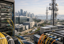 AI Data Centre Boom Drives Demand for High-Capacity Networks Across Southeast Asia Server rack with multicolored network cables on a rooftop, overlooking a modern city and telecom towers.