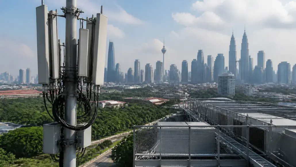 Cellular antennas mounted on a rooftop with a modern city skyline in the distance, illustrating telecom infrastructure.
