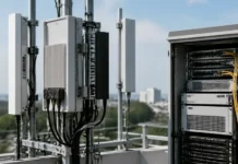 Chunghwa Telecom and Nokia Advance AI RAN Development Rooftop telecom hardware: network cabinets with exposed cables and mounting hardware, city skyline in background behind the gear.