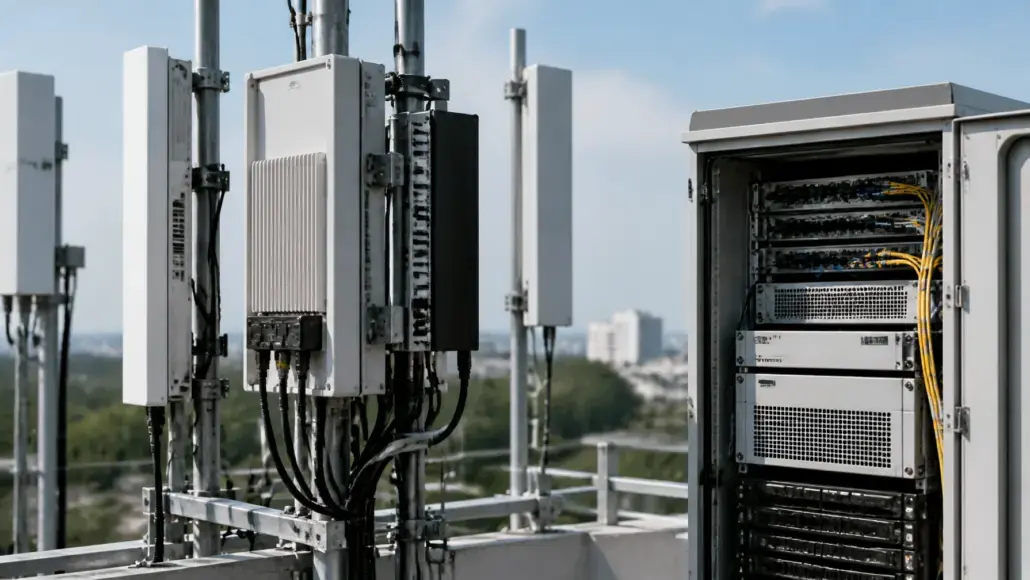 Rooftop telecom hardware: network cabinets with exposed cables and mounting hardware, city skyline in background behind the gear.