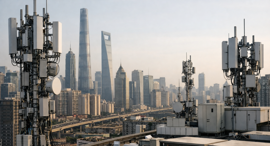 Rooftop telecom gear with antennas and cabinets overlooking a city skyline of tall skyscrapers.