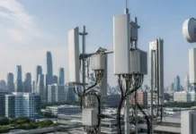China 6G Development Advances with New Trial Frequencies Rooftop telecom antennas and equipment with cables, overlooking a city skyline at sunset or daytime.