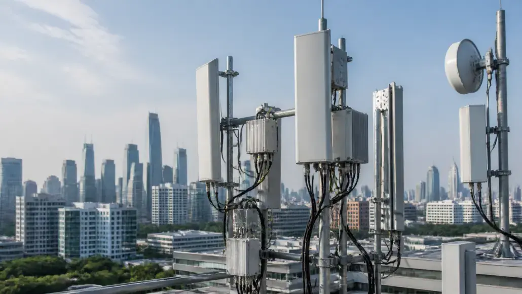 Rooftop telecom antennas and equipment with cables, overlooking a city skyline at sunset or daytime.
