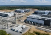 Skanska Builds Data Centre Infrastructure in US Southeast Aerial view of an industrial complex under construction with several large white buildings, electrical substation gear, and storage tanks on barren cleared land near a forest edge.