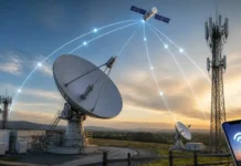 2degrees Opens Marton Ground Station to Advance Direct to Device Satellite Connectivity in New Zealand Ground-based satellite dish network transmitting beams to a satellite overhead at sunset, with a phone showing WiโFi signal nearby