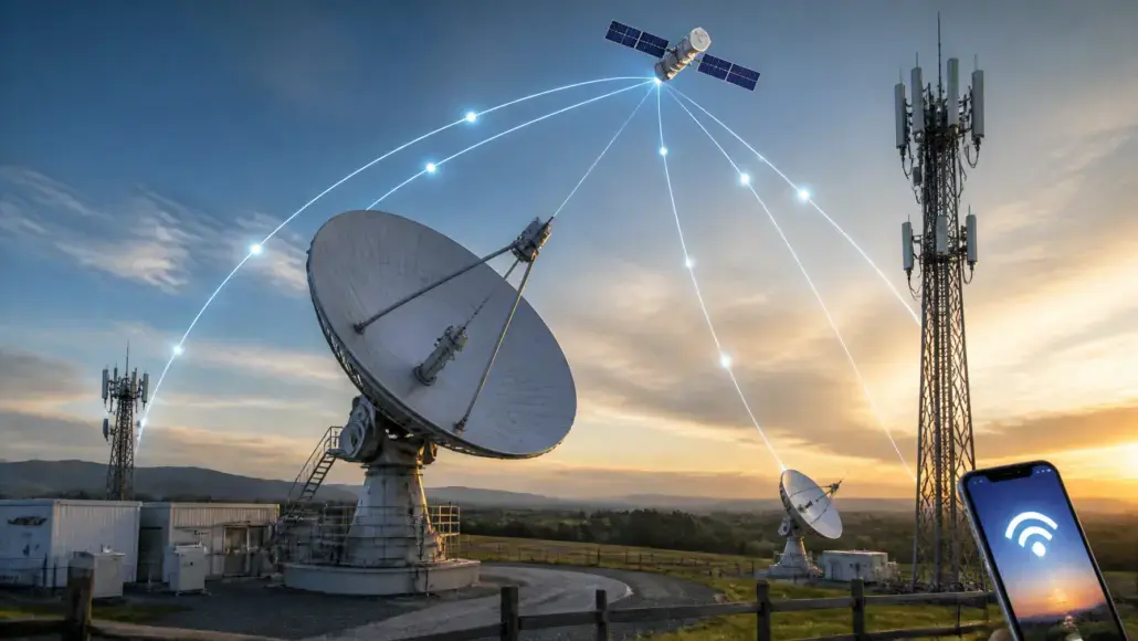 Ground-based satellite dish network transmitting beams to a satellite overhead at sunset, with a phone showing Wi‑Fi signal nearby