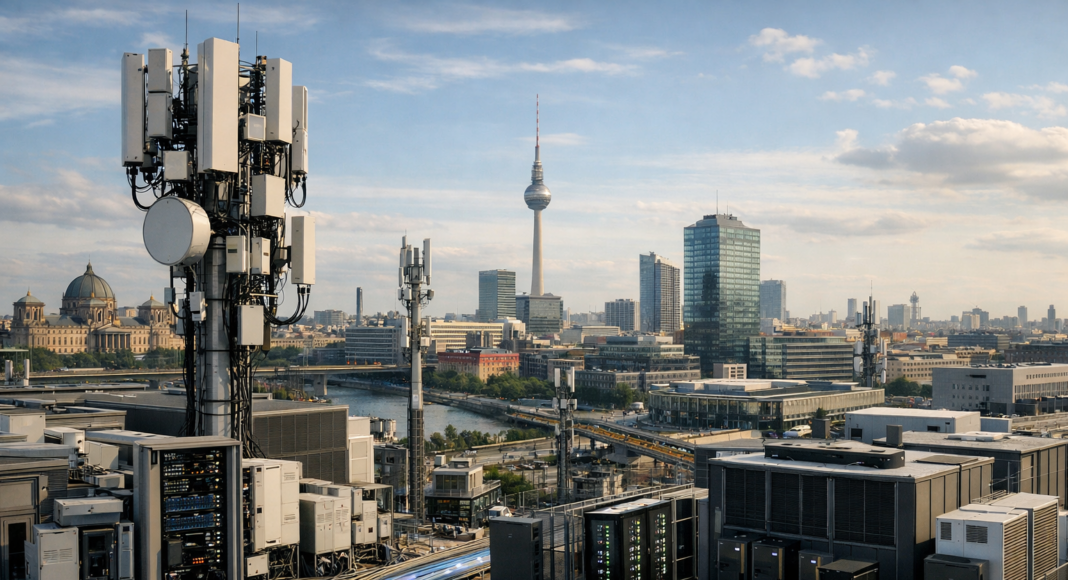 Rooftop telecom equipment and tangled cables with the Berlin skyline and TV Tower in the distance.
