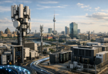 EU Needs €475 Billion in EU Mobile Network Investment by 2036 to Meet 5G and AI Infrastructure Goals Rooftop telecom equipment and tangled cables with the Berlin skyline and TV Tower in the distance.