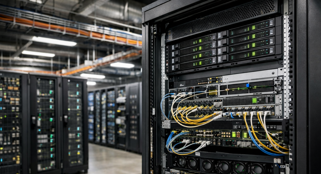 Server rack in a data center with illuminated status LEDs and organized network gear.