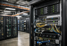 Intel Joins Intel OCuDu Foundation to Accelerate Open 5G and 6G RAN Infrastructure Server rack in a data center with illuminated status LEDs and organized network gear.