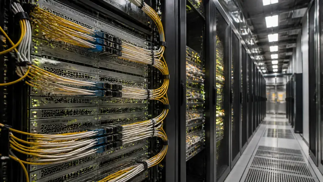 Row of server racks in a data center with yellow network cables and blinking lights on the equipment front panels.