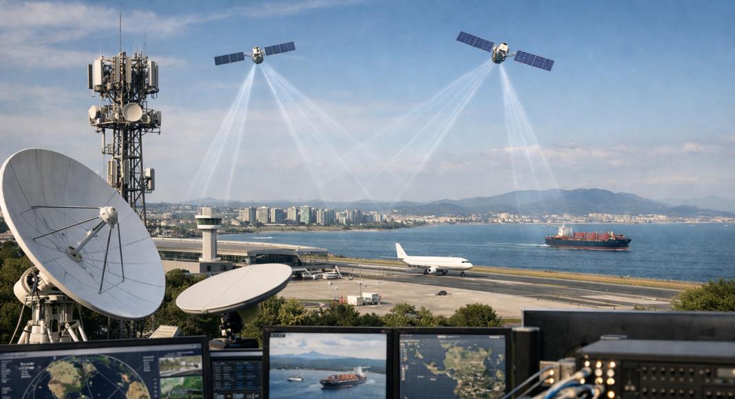 A satellite communications hub with large dish antennas and control consoles overlooking an airport and harbor.