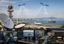 Starlink and OneWeb Expand Satellite Communications in South Korea A satellite communications hub with large dish antennas and control consoles overlooking an airport and harbor.